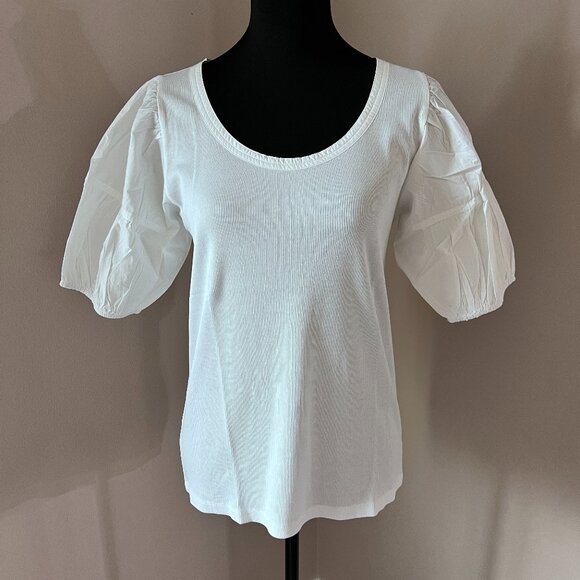 LOFT Mixed Media Puff Sleeve Top - Size Large - White - Picture 1 of 7